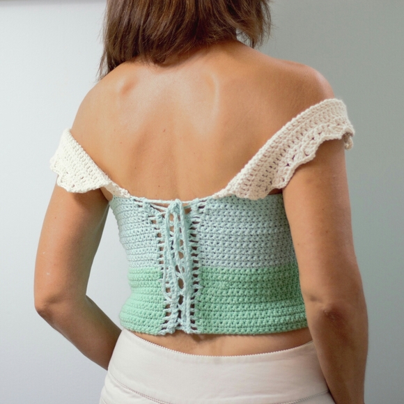 Hand Crafted Hand Crochet Boho Coastal Seafoam Green Off Shoulder Crop Top M - Picture 8 of 11